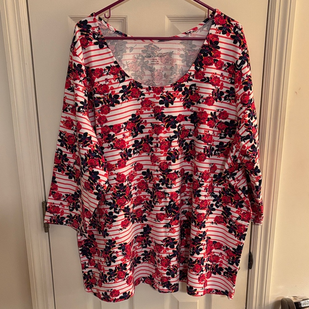 Jessica London Red and White Floral Striped Blouse